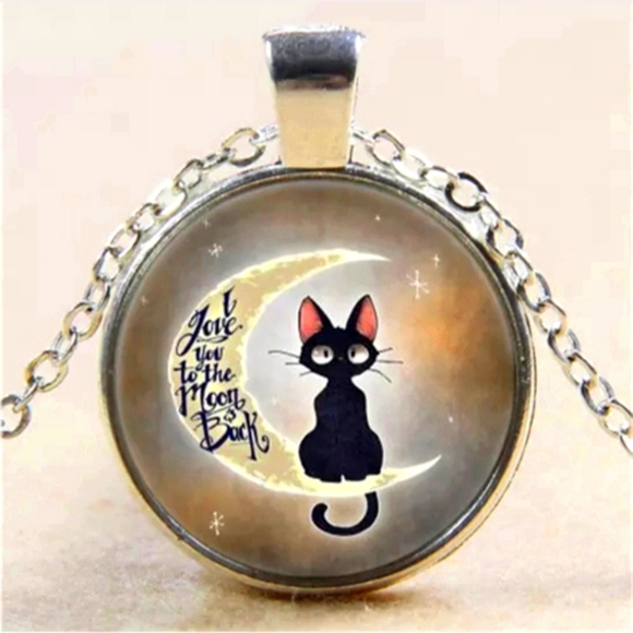 New Black Cat on Crescent Moon Silver Necklace. - Picture 1 of 5